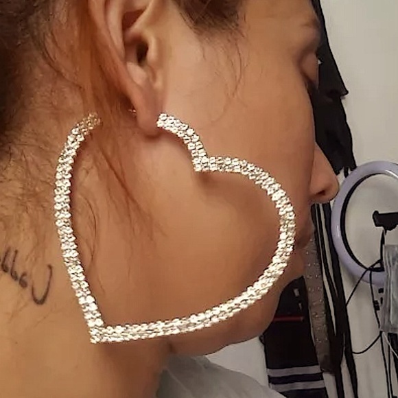 White Gold Plated Oversized Diamond Heart Hoop Earrings - Picture 7 of 14